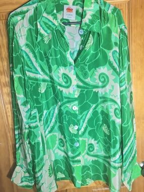 FARM Rio Green Swirl-Print Button Shirt Xl Missing Last Button